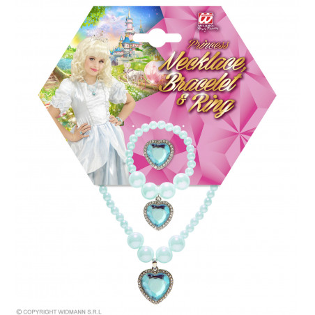 SET MIT HELLBLAUE PERLENKETTE, OHRRINGE UND RING MIT PERLEN UND HERZJUWEL