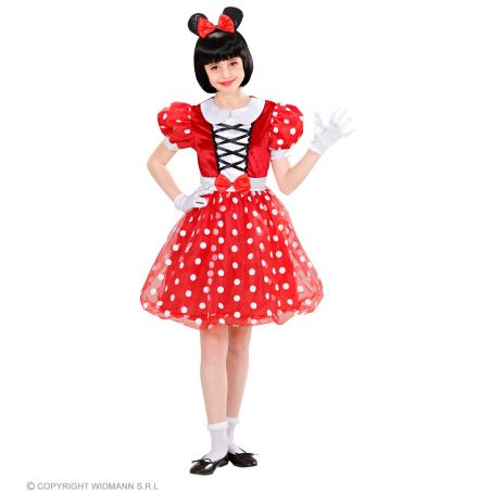 Mädchen im roten Tupfenkleid mit Mausohren, weißen Handschuhen und schwarzen Schuhen winkt und lächelt.