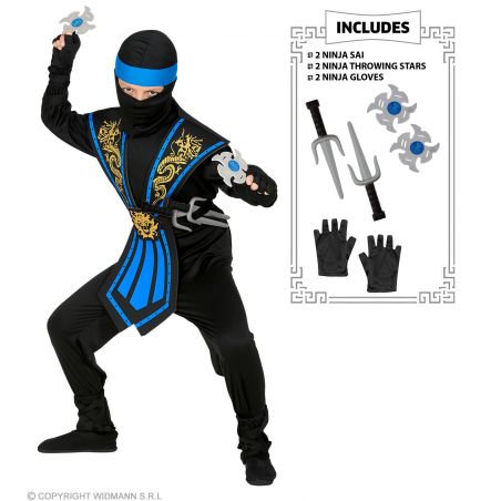 Blauer Kombat Ninja m.Waffenset 116 cm