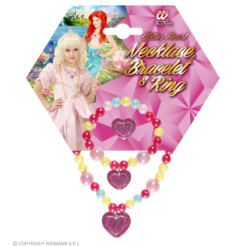 Kinderschmuckset mit pinker Herz-Kette, Armband und Ring auf bunter Verpackung mit zwei Prinzessinnen.