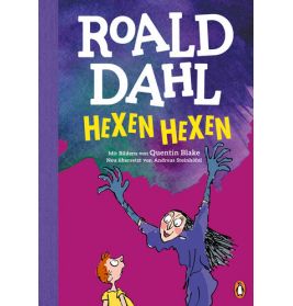 Buchcover von Hexen Hexen von Roald Dahl, mit einer Hexe mit erhobenen Armen und einem Jungen, der sie ansieht.