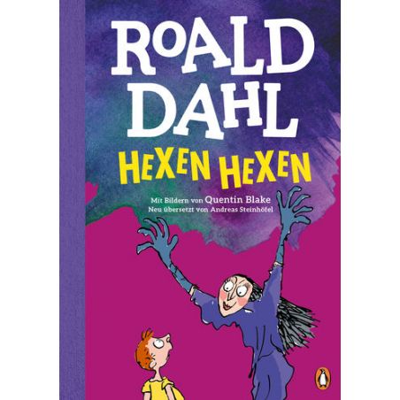 Buchcover von Hexen Hexen von Roald Dahl, mit einer Hexe mit erhobenen Armen und einem Jungen, der sie ansieht. Buchcover von Hexen Hexen von Roald Dahl, mit einer Hexe mit erhobenen Armen und einem Jungen, der sie ansieht.