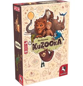 Box des KuZOOkA-Brettspiels mit Tierillustrationen und verspielten Zeichnungen auf beigem Hintergrund.