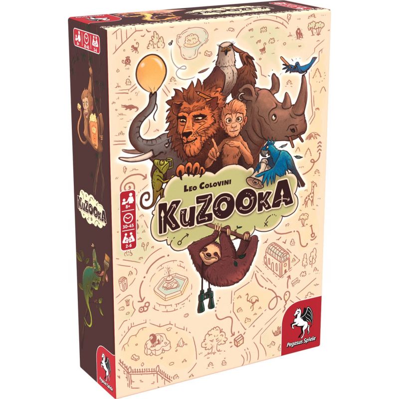 Box des KuZOOkA-Brettspiels mit Tierillustrationen und verspielten Zeichnungen auf beigem Hintergrund. Box des KuZOOkA-Brettspiels mit Tierillustrationen und verspielten Zeichnungen auf beigem Hintergrund.