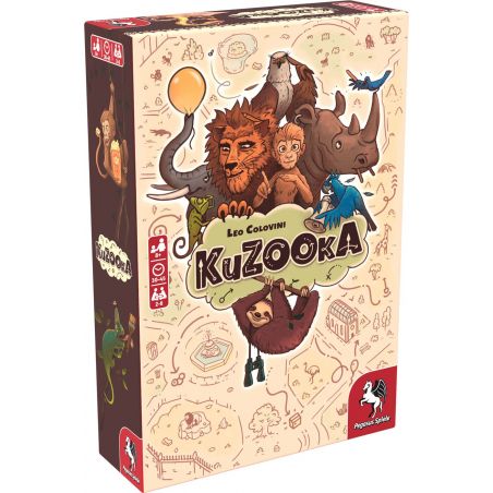 Box des KuZOOkA-Brettspiels mit Tierillustrationen und verspielten Zeichnungen auf beigem Hintergrund. Box des KuZOOkA-Brettspiels mit Tierillustrationen und verspielten Zeichnungen auf beigem Hintergrund.