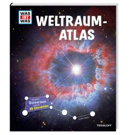 Buchcover mit buntem Nebel und dem Titel Weltraum-Atlas in fetten weißen Buchstaben.