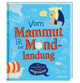 Blaues Buchcover mit Zeichnungen historischer Figuren, Schiff, Mammut und Mond deutscher Titeltext.