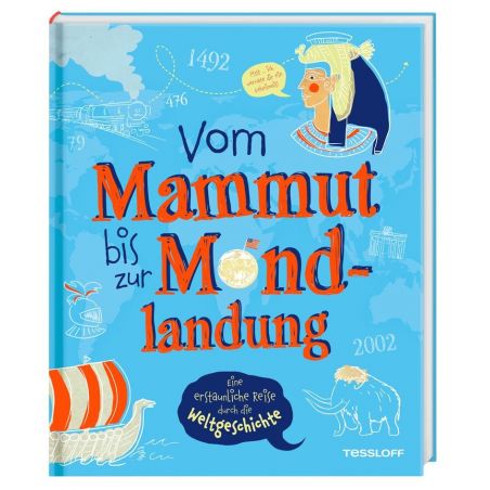Blaues Buchcover mit Zeichnungen historischer Figuren, Schiff, Mammut und Mond deutscher Titeltext. Blaues Buchcover mit Zeichnungen historischer Figuren, Schiff, Mammut und Mond deutscher Titeltext.
