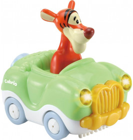 Tigger aus Winnie Puuh sitzt in einem grünen Spielzeug-Cabrio mit gelben Scheinwerfern.