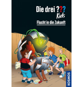 Drei Kinder staunen über eine leuchtende Hightech-Maschine im unordentlichen Raum, darüber ein deutscher Schriftzug.