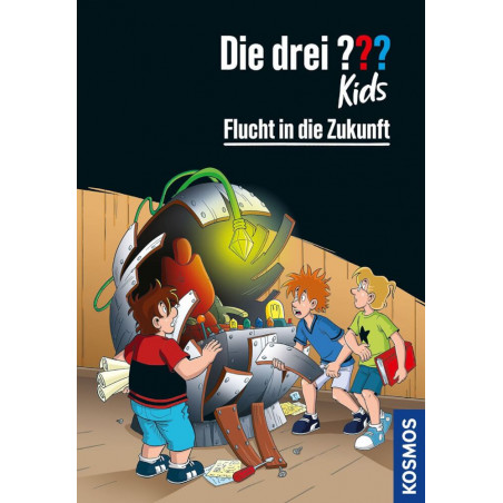 Drei Kinder staunen über eine leuchtende Hightech-Maschine im unordentlichen Raum, darüber ein deutscher Schriftzug. Drei Kinder staunen über eine leuchtende Hightech-Maschine im unordentlichen Raum, darüber ein deutscher Schriftzug.