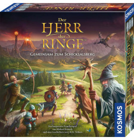 Box-Art zum Brettspiel Der Herr der Ringe mit Figuren auf dem Weg zu einem Vulkan in einer Fantasielandschaft.