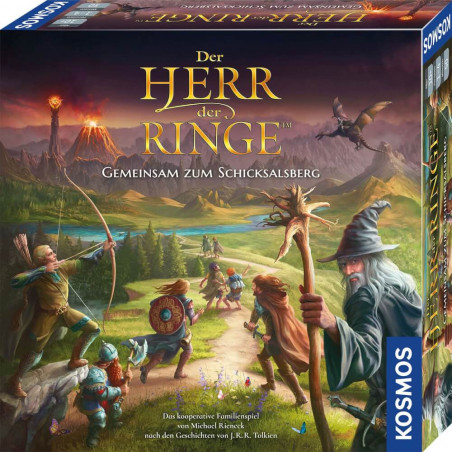 Box-Art zum Brettspiel Der Herr der Ringe mit Figuren auf dem Weg zu einem Vulkan in einer Fantasielandschaft.