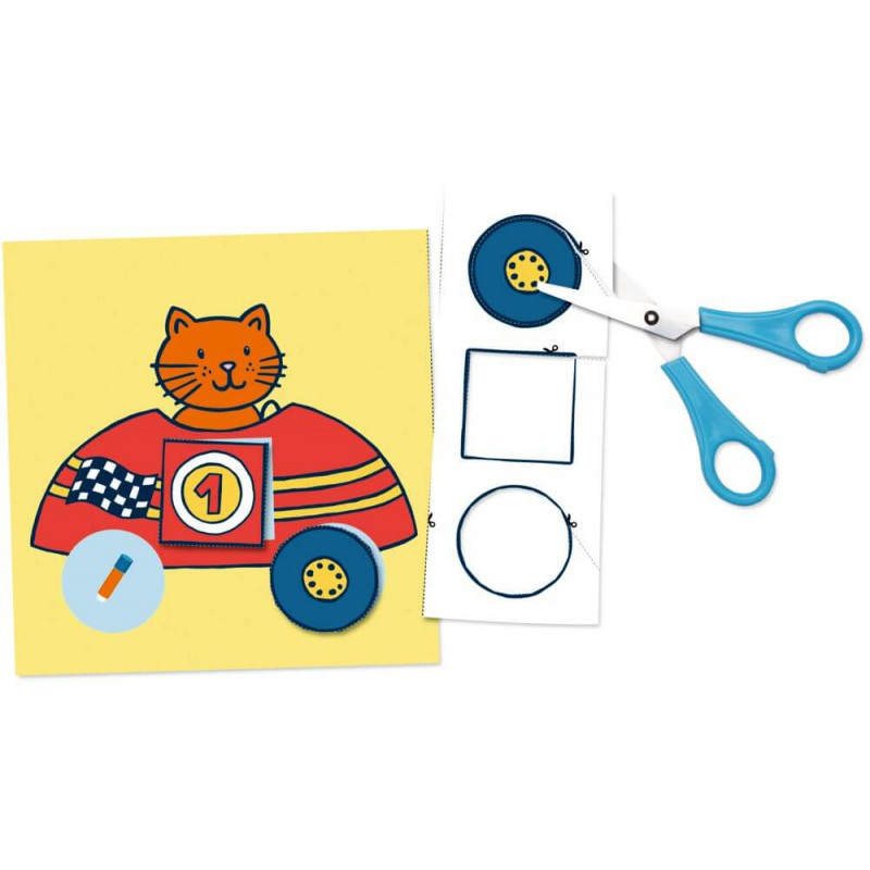 Eine Cartoon-Katze sitzt im Rennwagen, daneben liegen Schere und ausgeschnittene Papier-Räder. Eine Cartoon-Katze sitzt im Rennwagen, daneben liegen Schere und ausgeschnittene Papier-Räder.