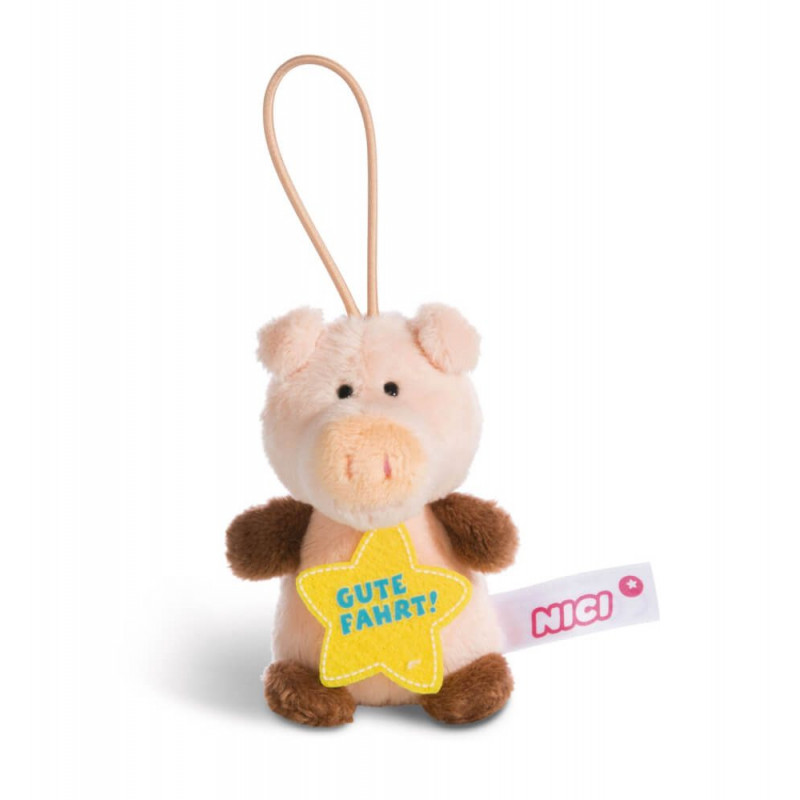 Plüsch-Schweinschlüsselanhänger mit gelbem Stern Gute Fahrt! und NICI-Label an der Seite.