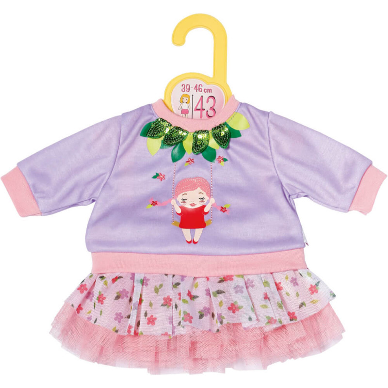 Lila-pinkes Puppenkleid mit Blumenkleid, Blätterkragen und Cartoon-Mädchen-Aufdruck an gelbem Bügel.