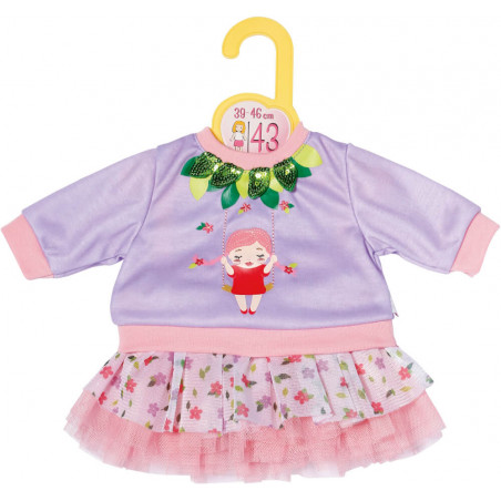 Lila-pinkes Puppenkleid mit Blumenkleid, Blätterkragen und Cartoon-Mädchen-Aufdruck an gelbem Bügel.
