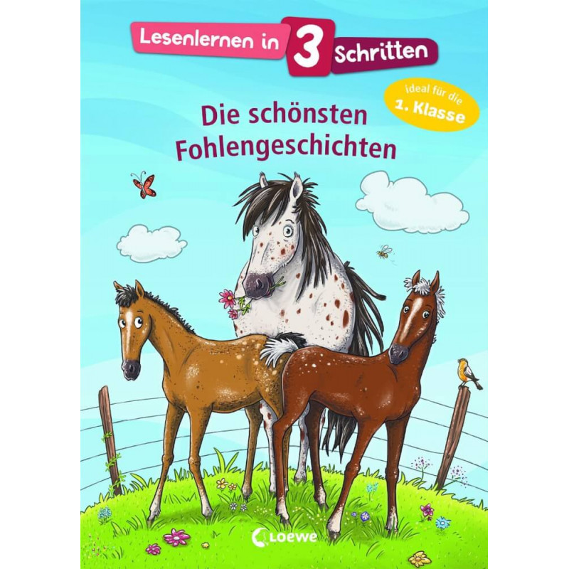 Illustration: Drei junge Pferde und eine Stute stehen auf blühender Wiese vor blauem Himmel.