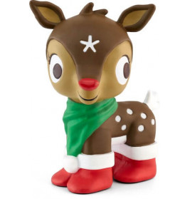 Cartoon-Rentierfigur mit grünem Schal, roten Stiefeln und weißem Stern auf der Stirn.