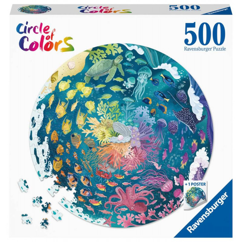 Puzzlebox mit buntem Unterwasser-Motiv in Kreisform, Aufschrift Circle of Colors, 500 Teile.