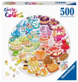 500-teiliges Ravensburger Puzzle mit bunt illustrierten Kuchen und Desserts in kreisförmiger Anordnung.