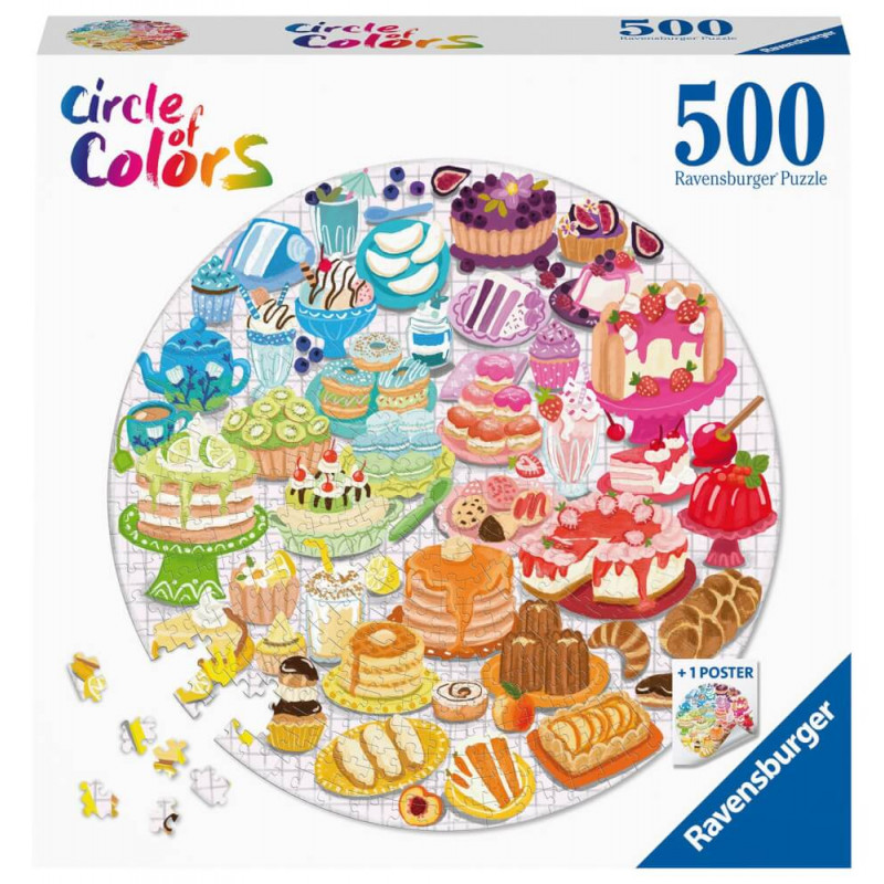 500-teiliges Ravensburger Puzzle mit bunt illustrierten Kuchen und Desserts in kreisförmiger Anordnung. 500-teiliges Ravensburger Puzzle mit bunt illustrierten Kuchen und Desserts in kreisförmiger Anordnung.