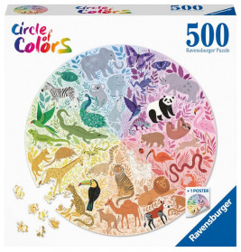 Rundes 500-teiliges Puzzle mit bunten, nach Farben sortierten Tieren auf der Box, Titel: Kreis der Farben.