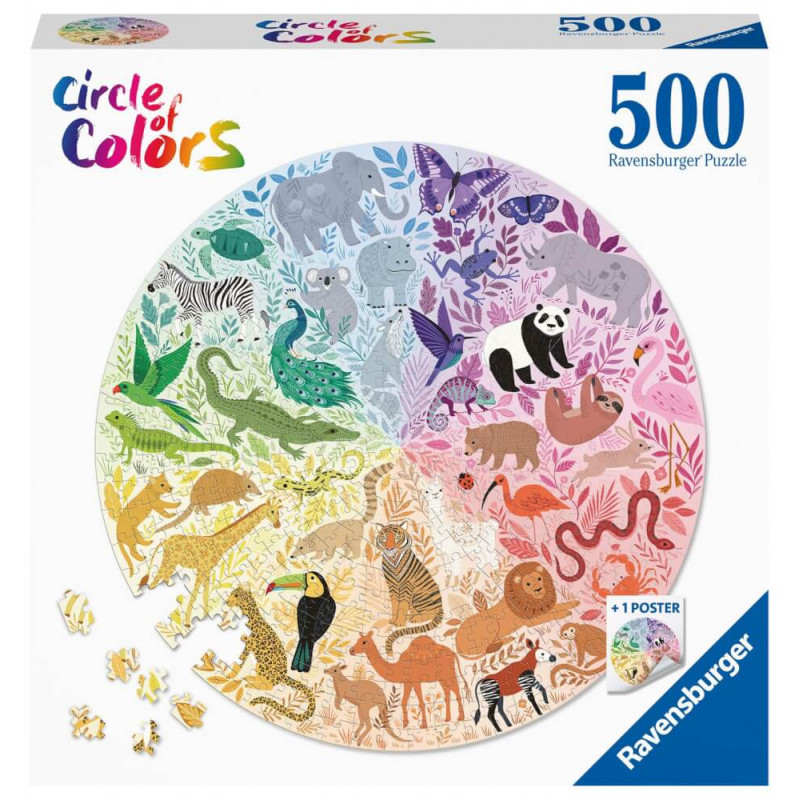 Rundes 500-teiliges Puzzle mit bunten, nach Farben sortierten Tieren auf der Box, Titel: Kreis der Farben. Rundes 500-teiliges Puzzle mit bunten, nach Farben sortierten Tieren auf der Box, Titel: Kreis der Farben.