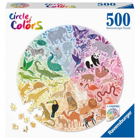 Rundes 500-teiliges Puzzle mit bunten, nach Farben sortierten Tieren auf der Box, Titel: Kreis der Farben.