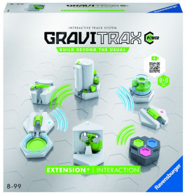 GraviTrax Power Extension Interaction Set: Verpackung mit interaktiven Murmelbahn-Komponenten und Funktionen.