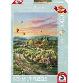 Schmidt Puzzle mit 1000 Teilen zeigt Weinberg, Heißluftballons und ein Cottage bei Sonnenuntergang.