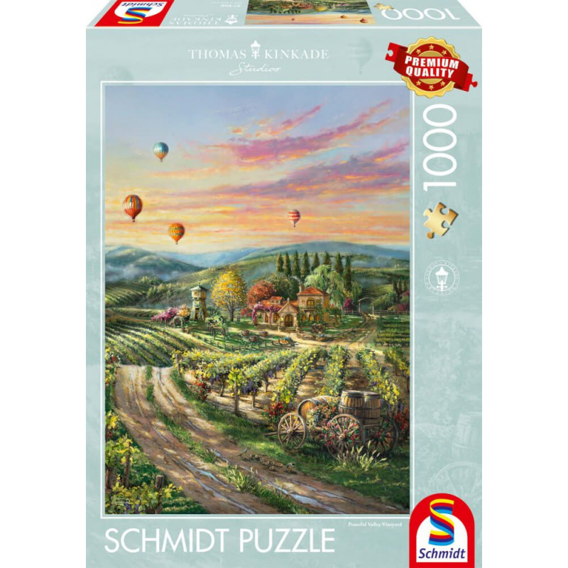 Schmidt Puzzle mit 1000 Teilen zeigt Weinberg, Heißluftballons und ein Cottage bei Sonnenuntergang.
