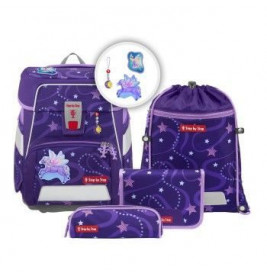 Lila Schulset mit Einhorn- und Sternmotiven: Rucksack, Turnbeutel und Federmäppchen.