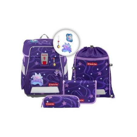 Lila Schulset mit Einhorn- und Sternmotiven: Rucksack, Turnbeutel und Federmäppchen. Lila Schulset mit Einhorn- und Sternmotiven: Rucksack, Turnbeutel und Federmäppchen.