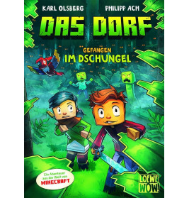 Zwei Minecraft-Figuren mit Schwertern stehen im grünen Dschungel über ihnen fliegen pixelige Kreaturen.