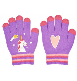 Lila fingerlose Handschuhe mit rosa Rand, Einhorn- und Herzmotiven sowie Stern-Akzenten.