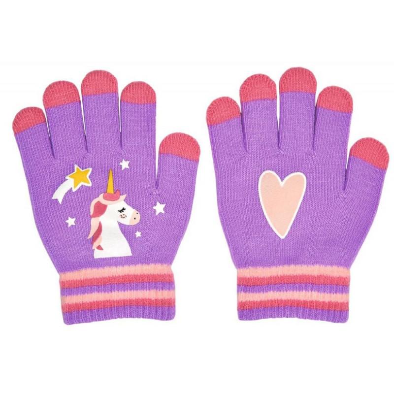 Lila fingerlose Handschuhe mit rosa Rand, Einhorn- und Herzmotiven sowie Stern-Akzenten.