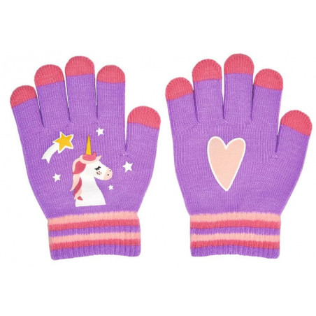 Lila fingerlose Handschuhe mit rosa Rand, Einhorn- und Herzmotiven sowie Stern-Akzenten.