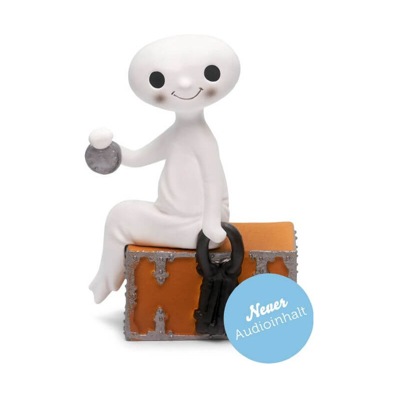 Weiße, lächelnde Geisterfigur sitzt auf einer Truhe, hält eine Münze, daneben ein blaues Label: Neuer Audioinhalt. Weiße, lächelnde Geisterfigur sitzt auf einer Truhe, hält eine Münze, daneben ein blaues Label: Neuer Audioinhalt.