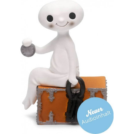 Weiße, lächelnde Geisterfigur sitzt auf einer Truhe, hält eine Münze, daneben ein blaues Label: Neuer Audioinhalt. Weiße, lächelnde Geisterfigur sitzt auf einer Truhe, hält eine Münze, daneben ein blaues Label: Neuer Audioinhalt.