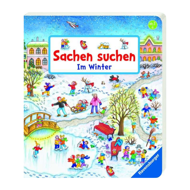 Kinder spielen mit Schlitten und Schlittschuhen im verschneiten Park Cover des Buches Sachen suchen im Winter.