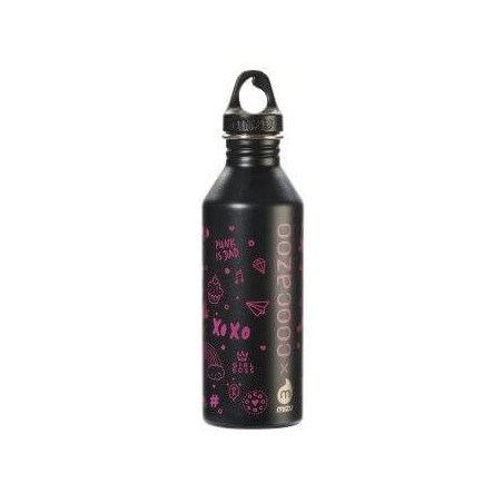 Schwarze Wasserflasche mit pinken Designs und den Wörtern XoXo und bozz an der Seite.