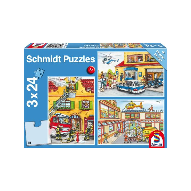 Schmidt Puzzle-Box ab 3 Jahren mit drei illustrierten 24-teiligen Motiven rund um Rettungsdienste.