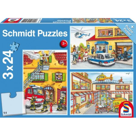 Schmidt Puzzle-Box ab 3 Jahren mit drei illustrierten 24-teiligen Motiven rund um Rettungsdienste.