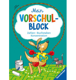 Ein Känguru in Sportkleidung springt Seil neben einer Katze deutscher Text und bunte Buchstaben auf dem Cover.