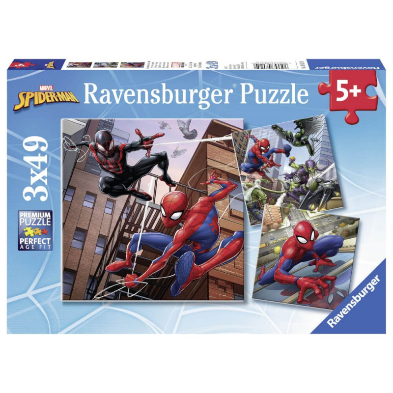 Ravensburger Spider-Man Puzzlebox mit 3 Puzzles, Motiv: Spider-Man und Freunde in der Stadt, geeignet ab 5 Jahren.