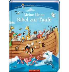 Kinderbuchcover: Noahs Arche mit verschiedenen Tieren an Bord und Meeresbewohnern im Wasser darunter.