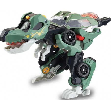 Grünes Roboter-Dinosaurier-Spielzeug mit Rädern und mechanischen Details, steht auf zwei Beinen, Maul offen. Grünes Roboter-Dinosaurier-Spielzeug mit Rädern und mechanischen Details, steht auf zwei Beinen, Maul offen.