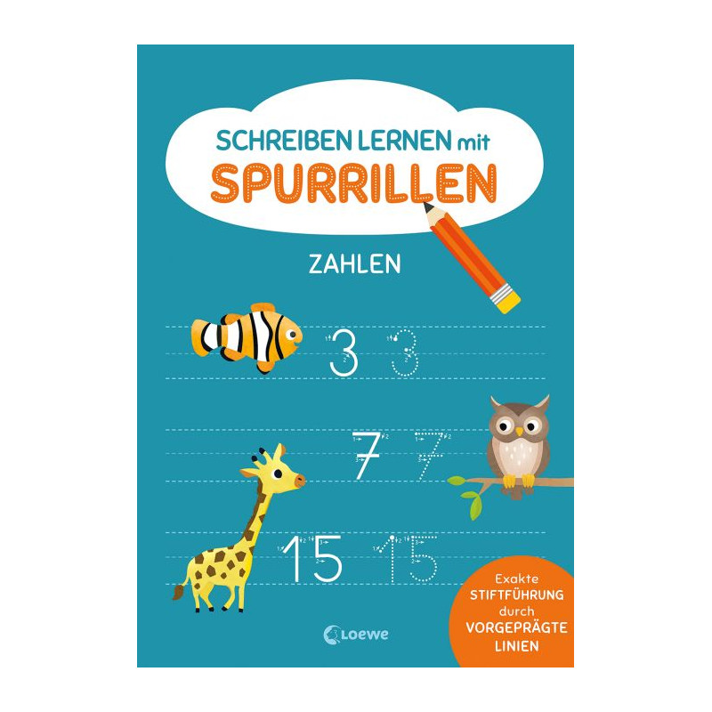 Blaues Arbeitsbuch mit Tieren, Zahlen, Stift und deutschem Text zum Schreibenlernen von Zahlen.