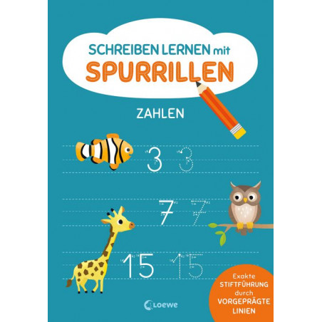 Blaues Arbeitsbuch mit Tieren, Zahlen, Stift und deutschem Text zum Schreibenlernen von Zahlen.